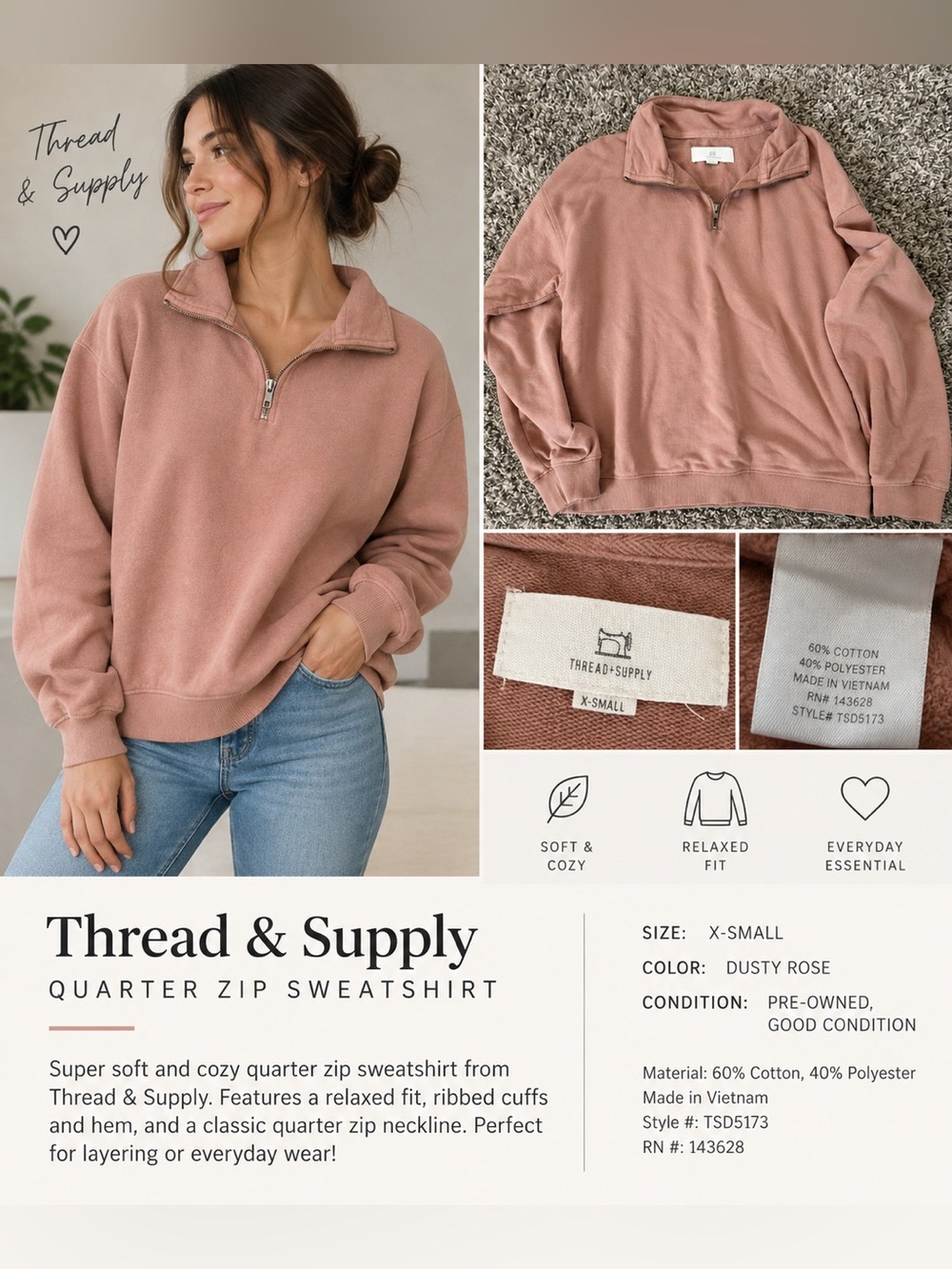 Thread & Supply Dusty Rose Quarter-Zip Pullover